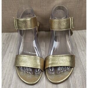 Stuart Weitzman Metallic Gold Broadband Block Heel Sandals Womens Size 6.5W